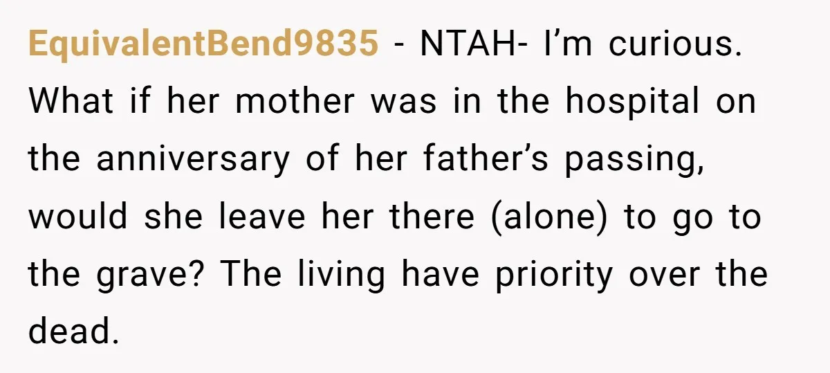 EquivalentBend9835 − NTAH- I’m curious. What if her mother was in the hospital on the anniversary of her father’s passing, would she leave her there (alone) to go to the...