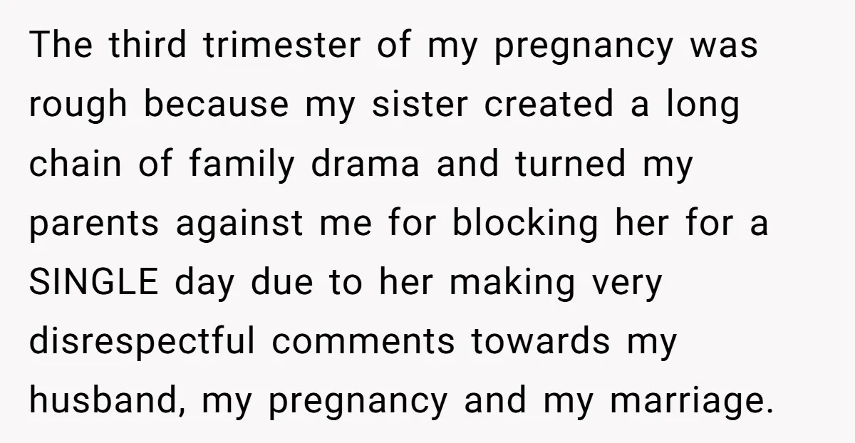 The third trimester of my pregnancy was rough because my sister created a long chain of family drama and turned my parents against me for blocking her for a SINGLE...
