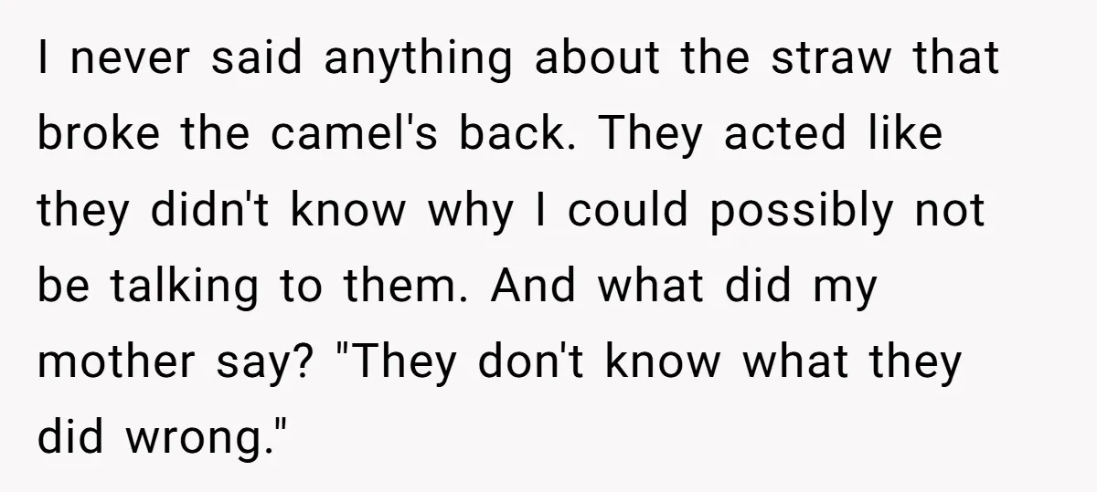 I never said anything about the straw that broke the camel's back. They acted like they didn't know why I could possibly not be talking to them. And what did...