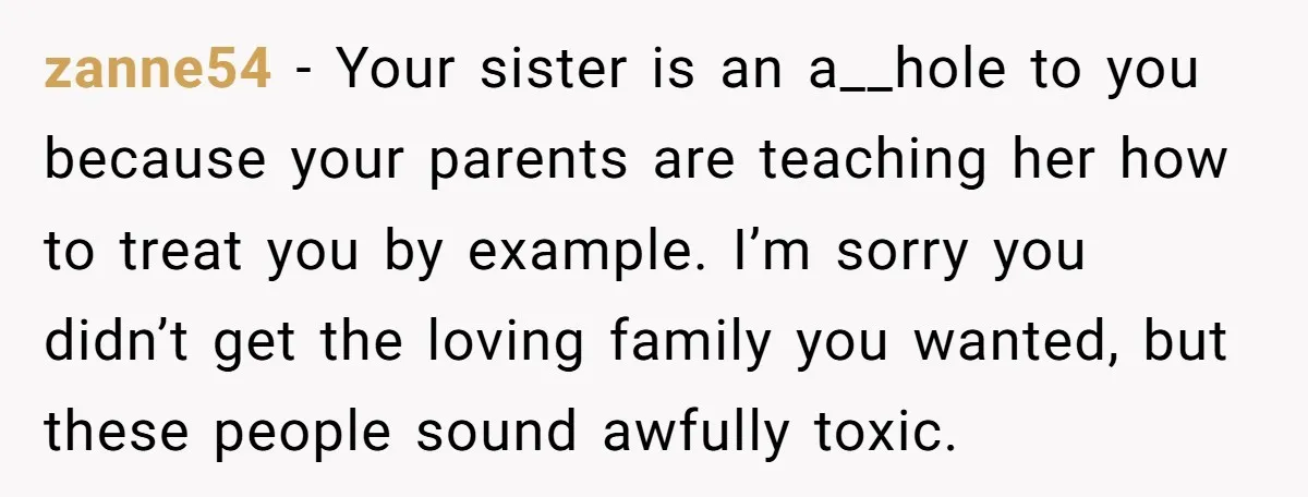 zanne54 − Your sister is an a__hole to you because your parents are teaching her how to treat you by example. I’m sorry you didn’t get the loving family you...