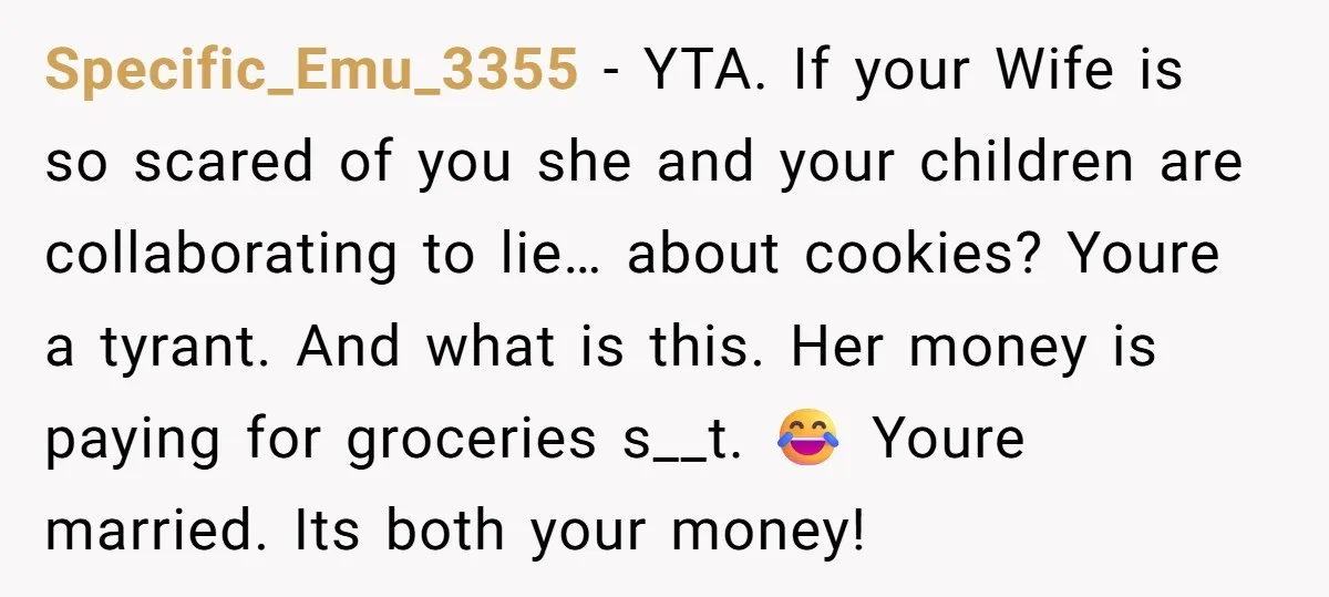 Specific_Emu_3355 − YTA. If your Wife is so scared of you she and your children are collaborating to lie… about cookies? Youre a tyrant. And what is this. Her money...