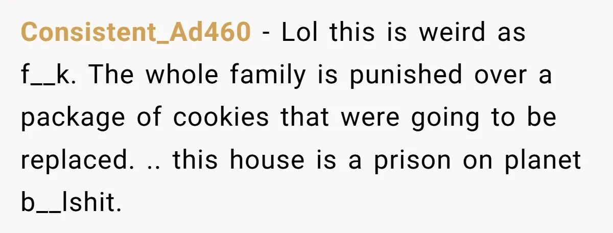 Consistent_Ad460 − Lol this is weird as f__k. The whole family is punished over a package of cookies that were going to be replaced. .. this house is a prison...