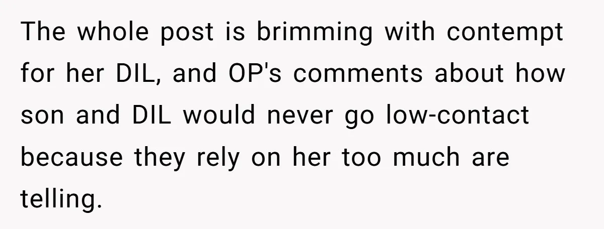 The whole post is brimming with contempt for her DIL, and OP's comments about how son and DIL would never go low-contact because they rely on her too much are...