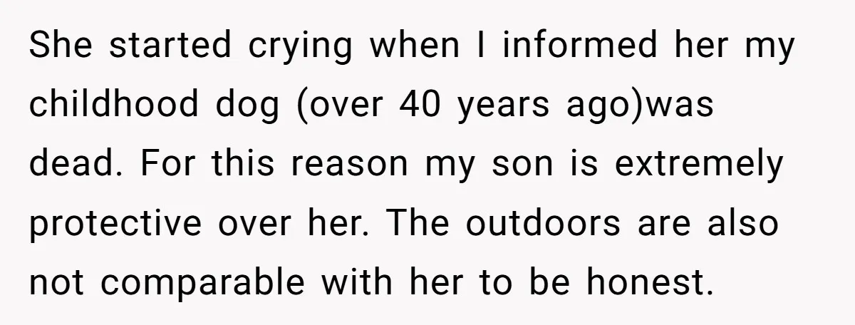 She started crying when I informed her my childhood dog (over 40 years ago)was dead. For this reason my son is extremely protective over her. The outdoors are also not...