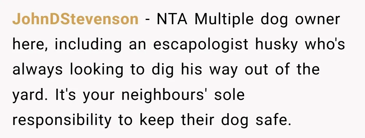 JohnDStevenson − NTA Multiple dog owner here, including an escapologist husky who's always looking to dig his way out of the yard. It's your neighbours' sole responsibility to keep their...