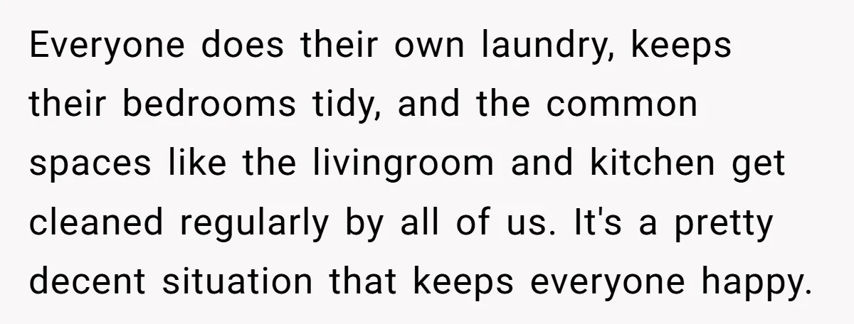 Everyone does their own laundry, keeps their bedrooms tidy, and the common spaces like the livingroom and kitchen get cleaned regularly by all of us. It's a pretty decent situation...