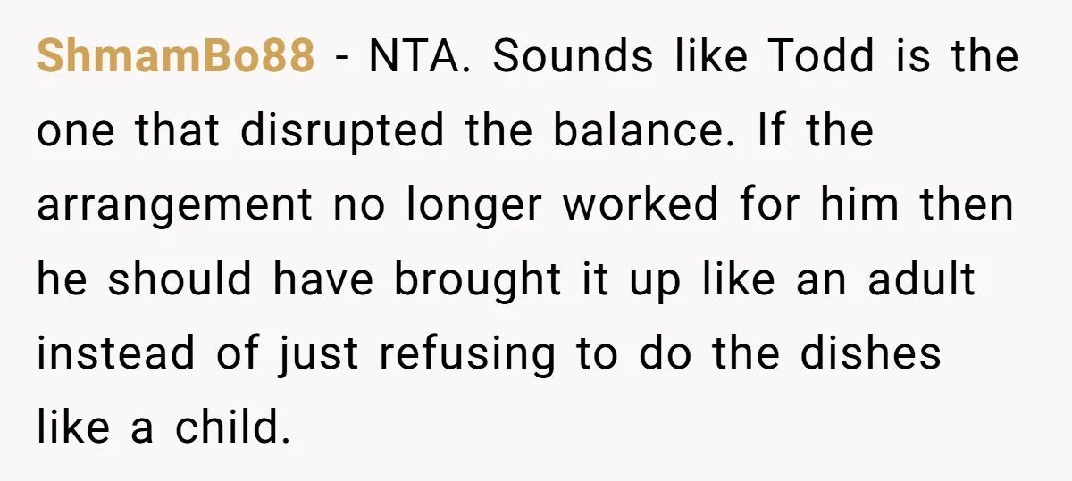 ShmamBo88 − NTA. Sounds like Todd is the one that disrupted the balance. If the arrangement no longer worked for him then he should have brought it up like an...