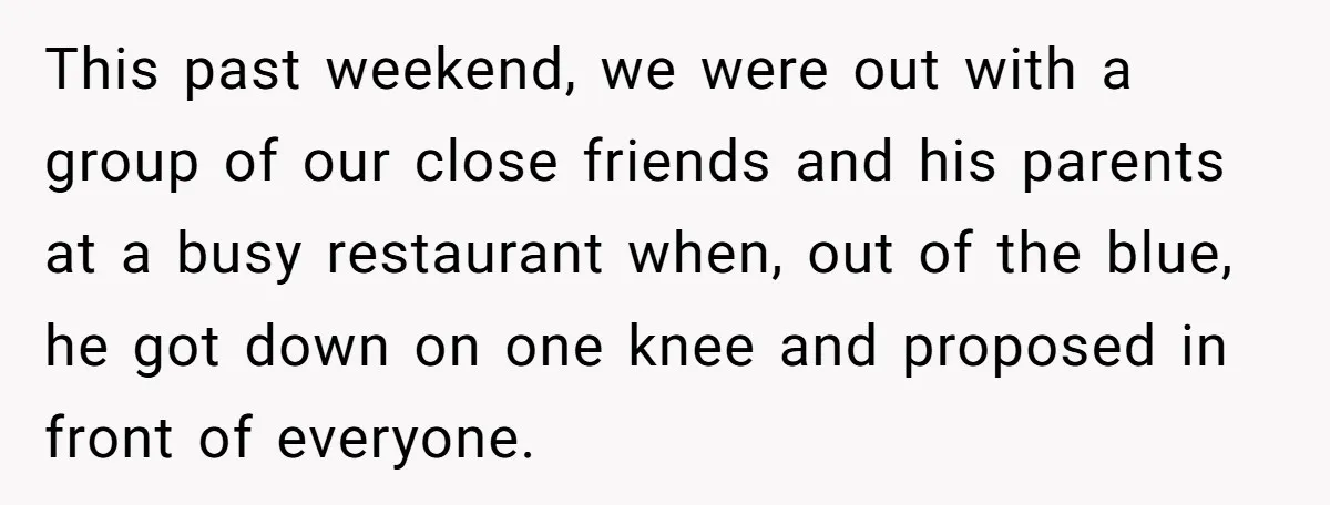 This past weekend, we were out with a group of our close friends and his parents at a busy restaurant when, out of the blue, he got down on one...