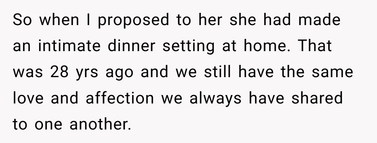 So when I proposed to her she had made an intimate dinner setting at home. That was 28 yrs ago and we still have the same love and affection we...