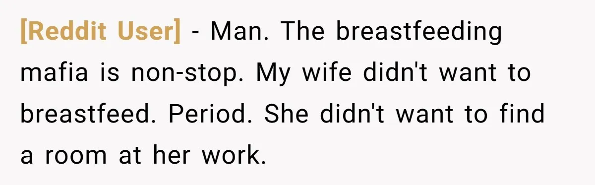 [Reddit User] − Man. The breastfeeding mafia is non-stop. My wife didn't want to breastfeed. Period. She didn't want to find a room at her work.