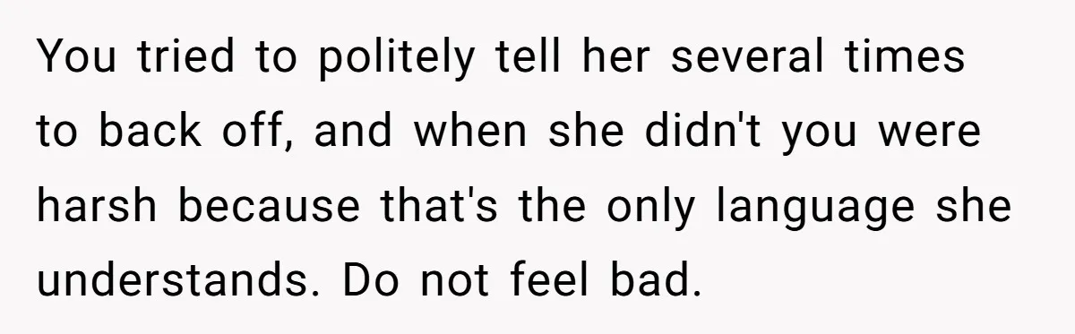 You tried to politely tell her several times to back off, and when she didn't you were harsh because that's the only language she understands. Do not feel bad.