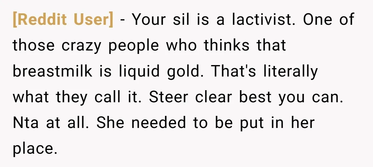 [Reddit User] − Your sil is a lactivist. One of those crazy people who thinks that breastmilk is liquid gold. That's literally what they call it. Steer clear best you...