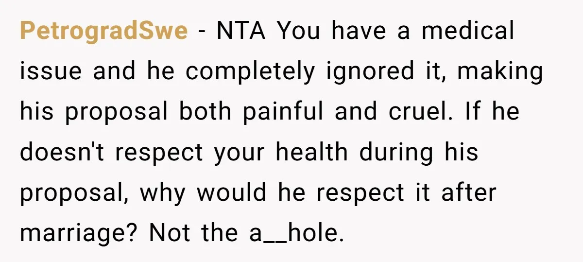 PetrogradSwe − NTA You have a medical issue and he completely ignored it, making his proposal both painful and cruel. If he doesn't respect your health during his proposal, why...