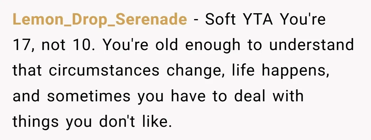 Lemon_Drop_Serenade - Soft YTA You're 17, not 10. You're old enough to understand that circumstances change, life happens, and sometimes you have to deal with things you don't like.