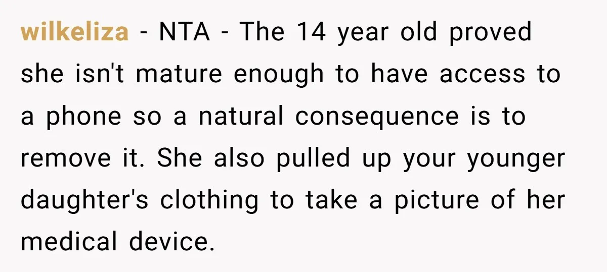 wilkeliza − NTA - The 14 year old proved she isn't mature enough to have access to a phone so a natural consequence is to remove it. She also pulled...