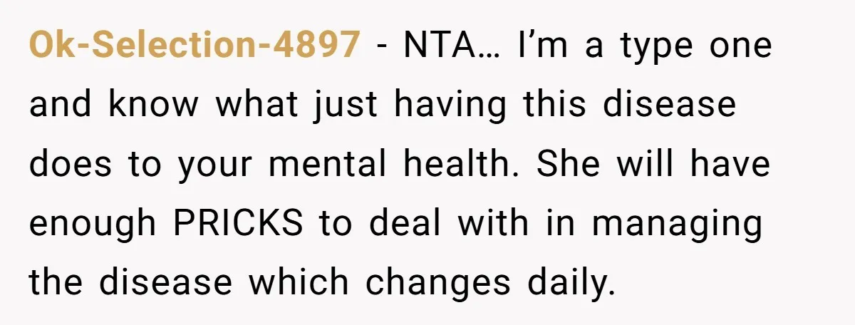 Ok-Selection-4897 − NTA… I’m a type one and know what just having this disease does to your mental health. She will have enough PRICKS to deal with in managing the...