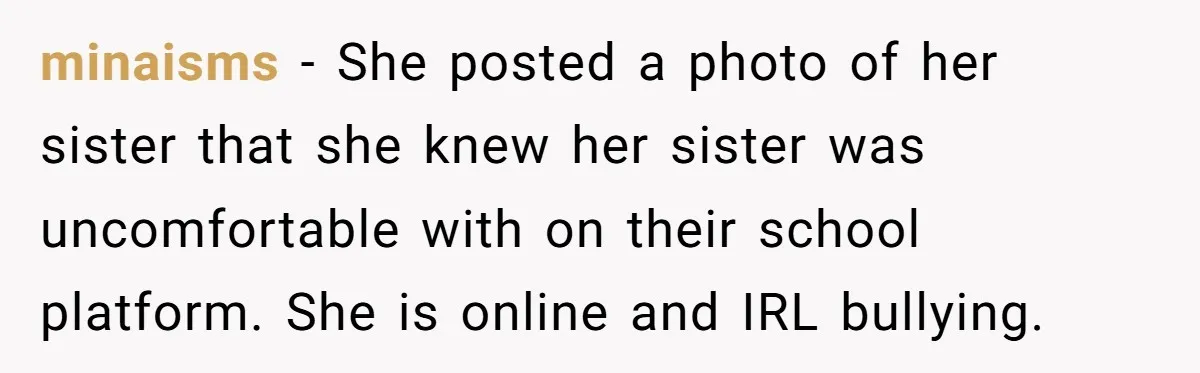 minaisms − She posted a photo of her sister that she knew her sister was uncomfortable with on their school platform. She is online and IRL bullying.