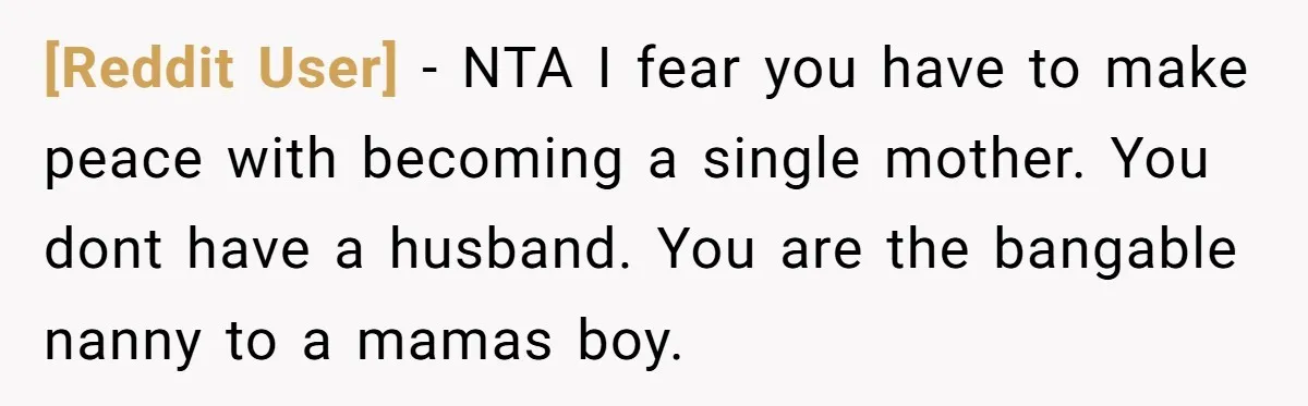 [Reddit User] − NTA I fear you have to make peace with becoming a single mother. You dont have a husband. You are the bangable nanny to a mamas boy.