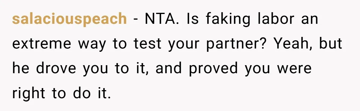 salaciouspeach − NTA. Is faking labor an extreme way to test your partner? Yeah, but he drove you to it, and proved you were right to do it.