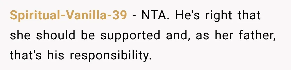 Spiritual-Vanilla-39 - NTA. He's right that she should be supported and, as her father, that's his responsibility.