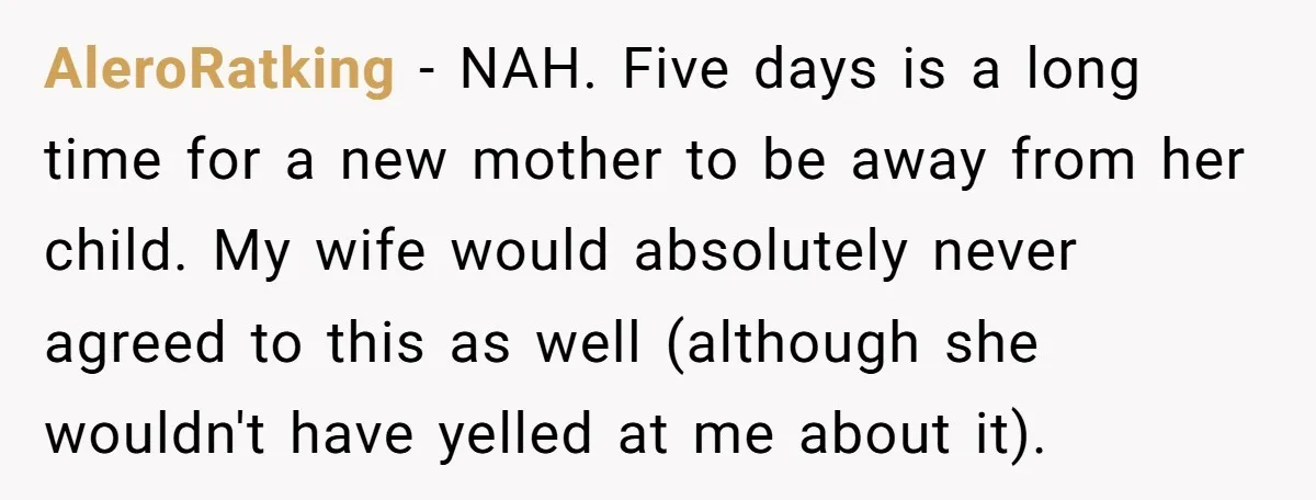 AleroRatking − NAH. Five days is a long time for a new mother to be away from her child. My wife would absolutely never agreed to this as well (although...