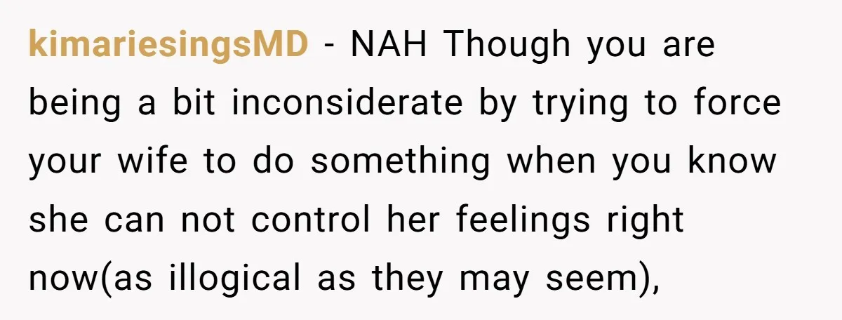 kimariesingsMD − NAH Though you are being a bit inconsiderate by trying to force your wife to do something when you know she can not control her feelings right now(as...