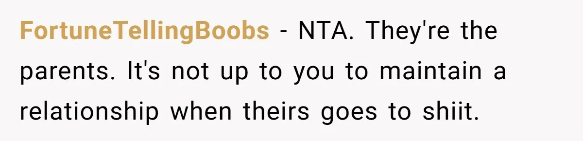 FortuneTellingBoobs - NTA. They're the parents. It's not up to you to maintain a relationship when theirs goes to shiit.