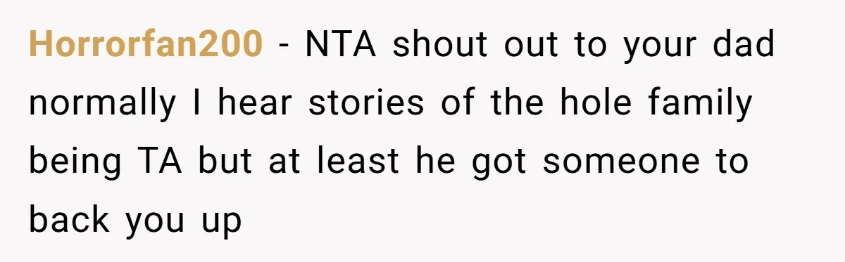Horrorfan200 − NTA shout out to your dad normally I hear stories of the hole family being TA but at least he got someone to back you up