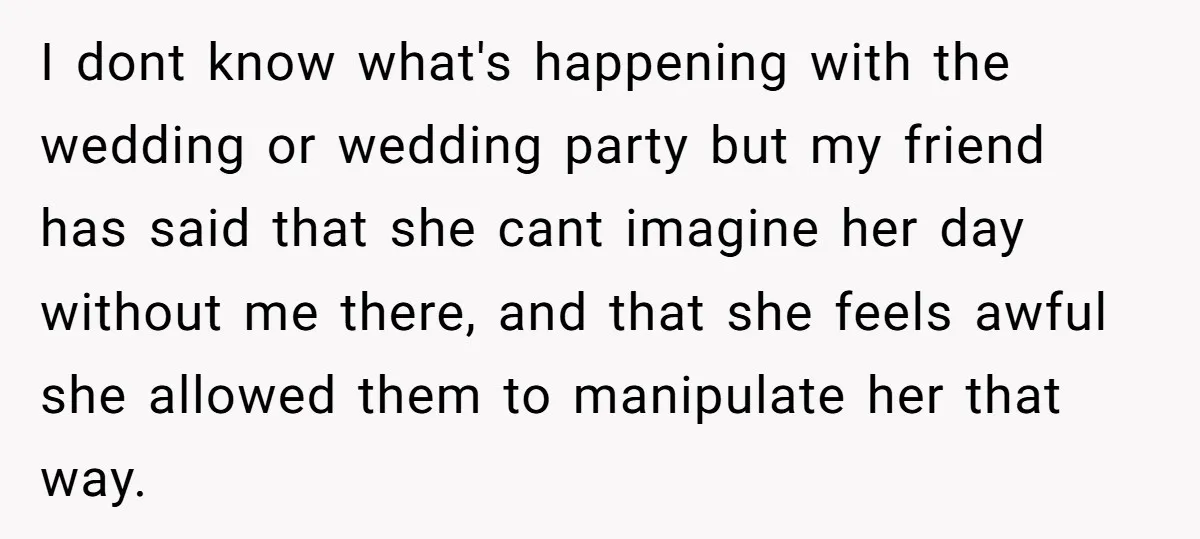 I dont know what's happening with the wedding or wedding party but my friend has said that she cant imagine her day without me there, and that she feels awful...
