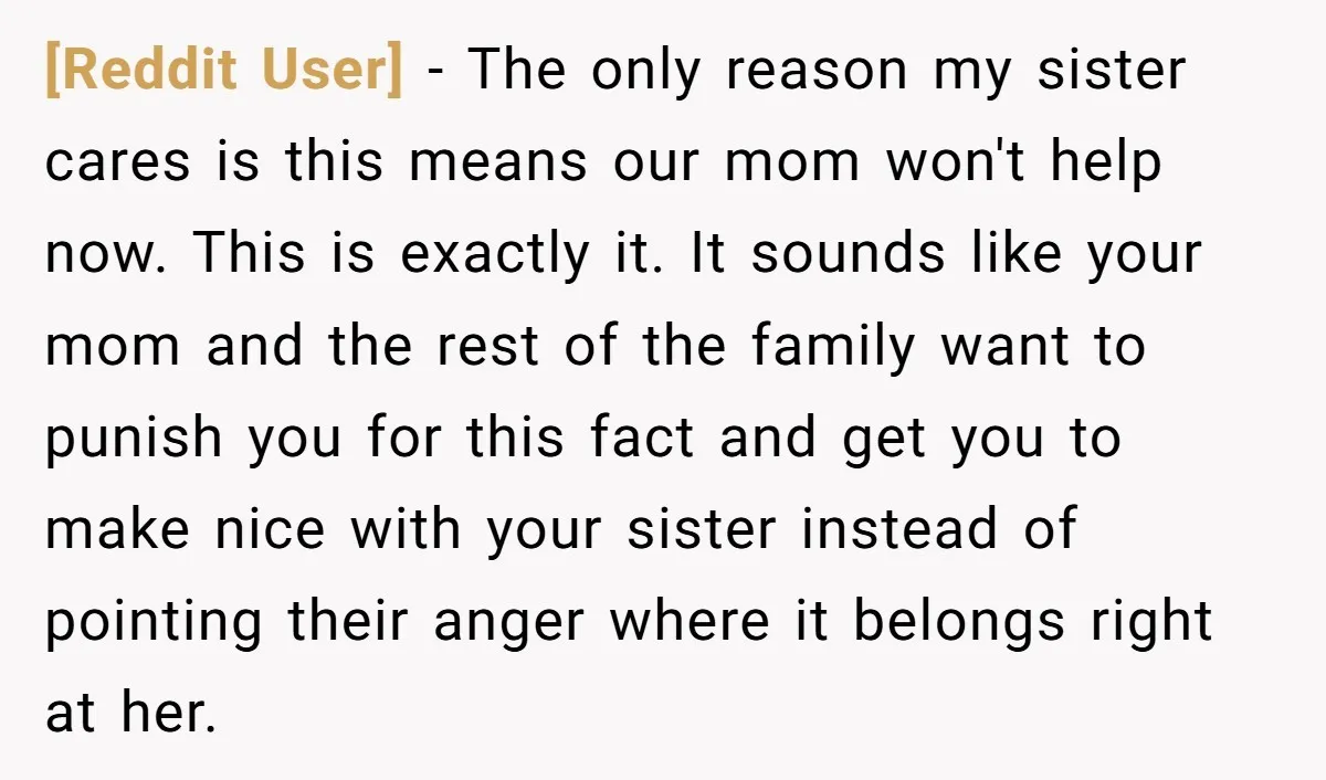 [Reddit User] - The only reason my sister cares is this means our mom won't help now. This is exactly it. It sounds like your mom and the rest of...