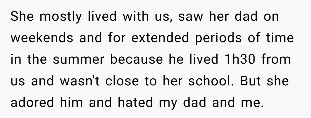 She mostly lived with us, saw her dad on weekends and for extended periods of time in the summer because he lived 1h30 from us and wasn't close to her...
