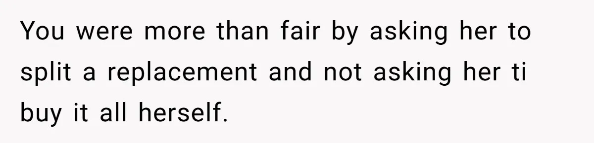 You were more than fair by asking her to split a replacement and not asking her ti buy it all herself.