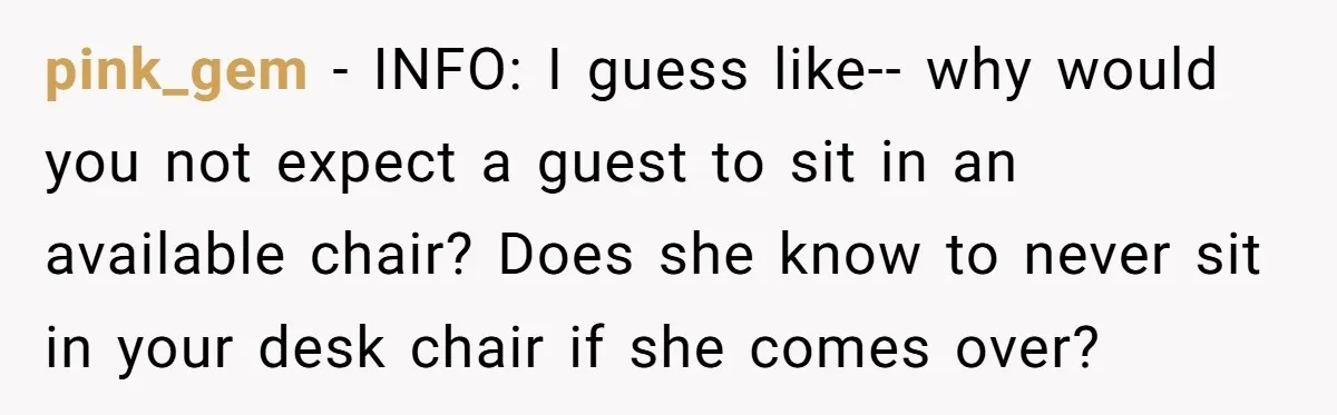 pink_gem − INFO: I guess like-- why would you not expect a guest to sit in an available chair? Does she know to never sit in your desk chair if...