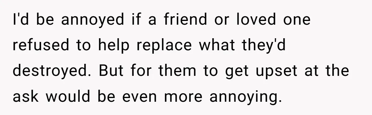 I'd be annoyed if a friend or loved one refused to help replace what they'd destroyed. But for them to get upset at the ask would be even more annoying.