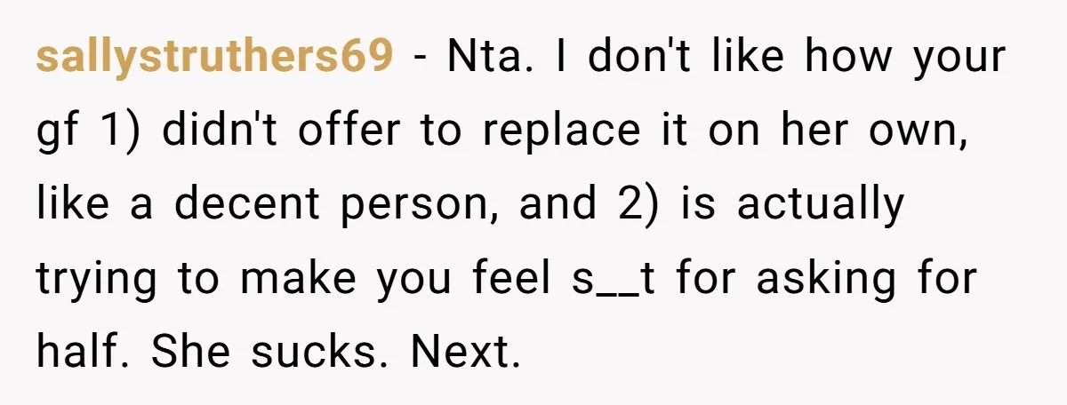sallystruthers69 − Nta. I don't like how your gf 1) didn't offer to replace it on her own, like a decent person, and 2) is actually trying to make you...