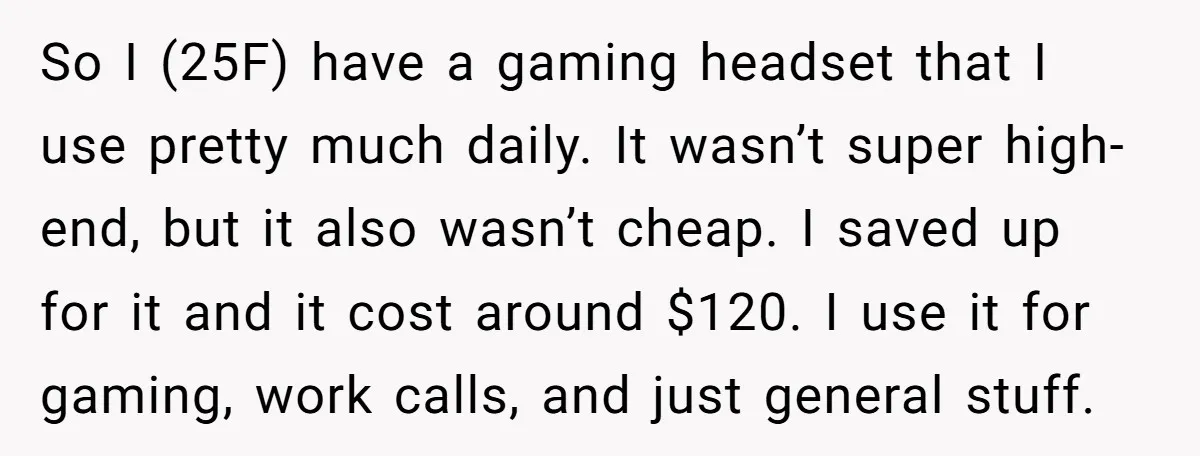So I (25F) have a gaming headset that I use pretty much daily. It wasn’t super high-end, but it also wasn’t cheap. I saved up for it and it cost...