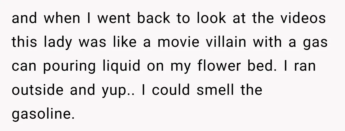 and when I went back to look at the videos this lady was like a movie villain with a gas can pouring liquid on my flower bed. I ran outside...