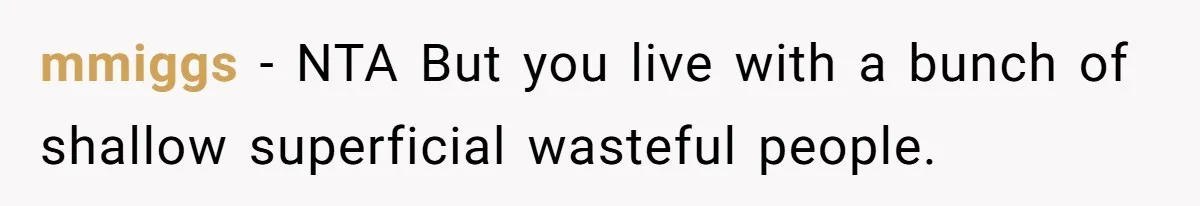 mmiggs − NTA But you live with a bunch of shallow superficial wasteful people.