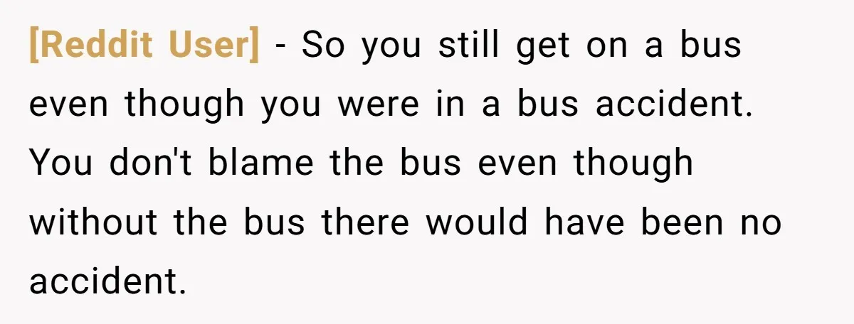 [Reddit User] - So you still get on a bus even though you were in a bus accident. You don't blame the bus even though without the bus there would...