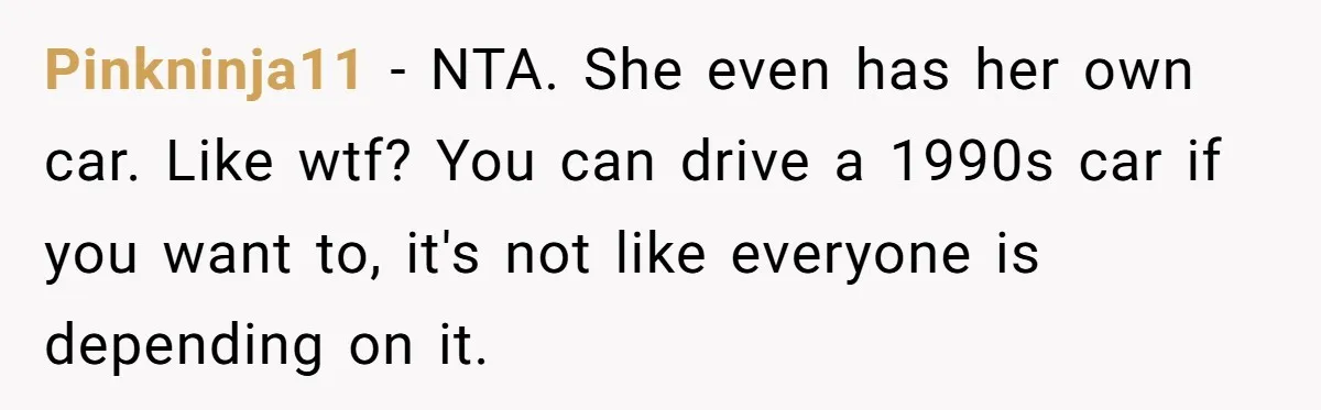 Pinkninja11 − NTA. She even has her own car. Like wtf? You can drive a 1990s car if you want to, it's not like everyone is depending on it.