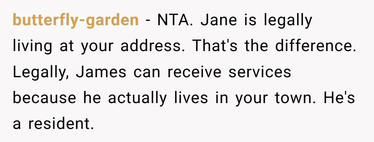 butterfly-garden − NTA. Jane is legally living at your address. That's the difference. Legally, James can receive services because he actually lives in your town. He's a resident.