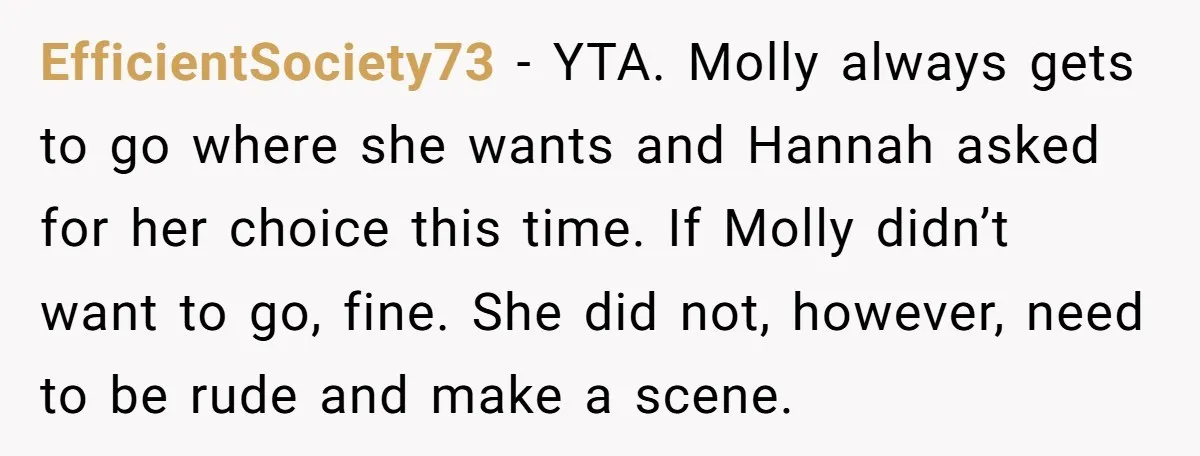 EfficientSociety73 − YTA. Molly always gets to go where she wants and Hannah asked for her choice this time. If Molly didn’t want to go, fine. She did not, however,...