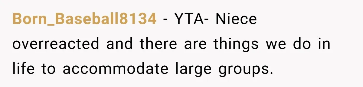 Born_Baseball8134 − YTA- Niece overreacted and there are things we do in life to accommodate large groups.
