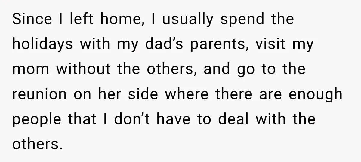 Since I left home, I usually spend the holidays with my dad’s parents, visit my mom without the others, and go to the reunion on her side where there are...