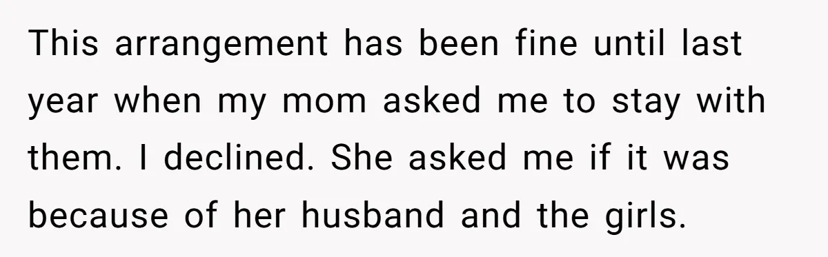 This arrangement has been fine until last year when my mom asked me to stay with them. I declined. She asked me if it was because of her husband and...