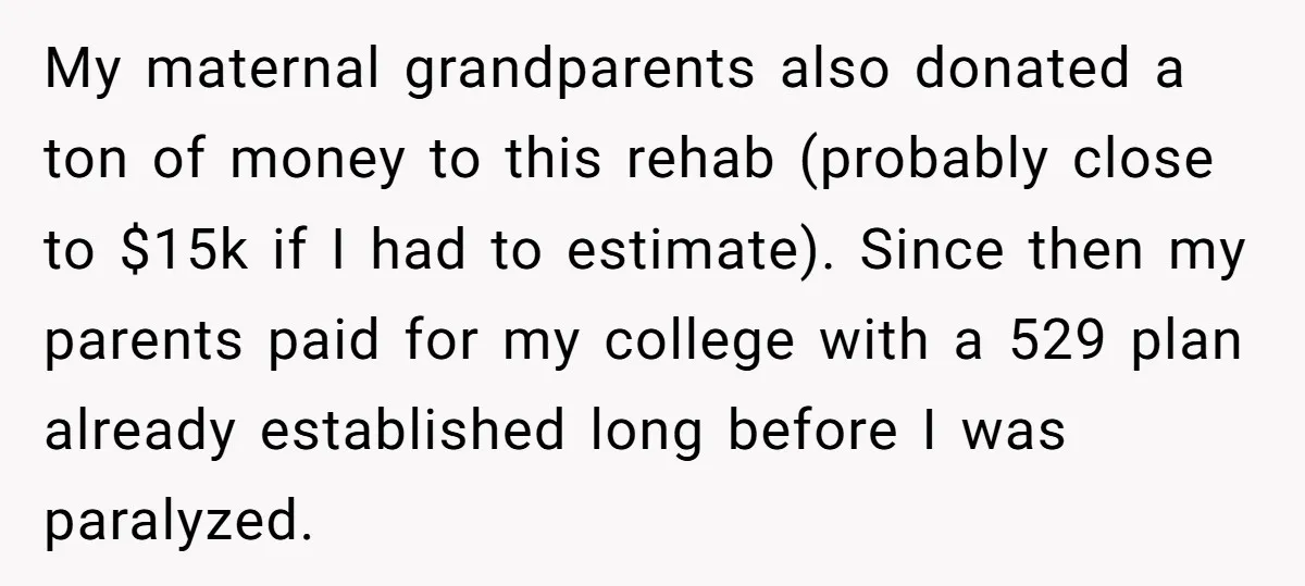 My maternal grandparents also donated a ton of money to this rehab (probably close to $15k if I had to estimate). Since then my parents paid for my college with...