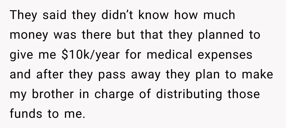 They said they didn’t know how much money was there but that they planned to give me $10k/year for medical expenses and after they pass away they plan to make...