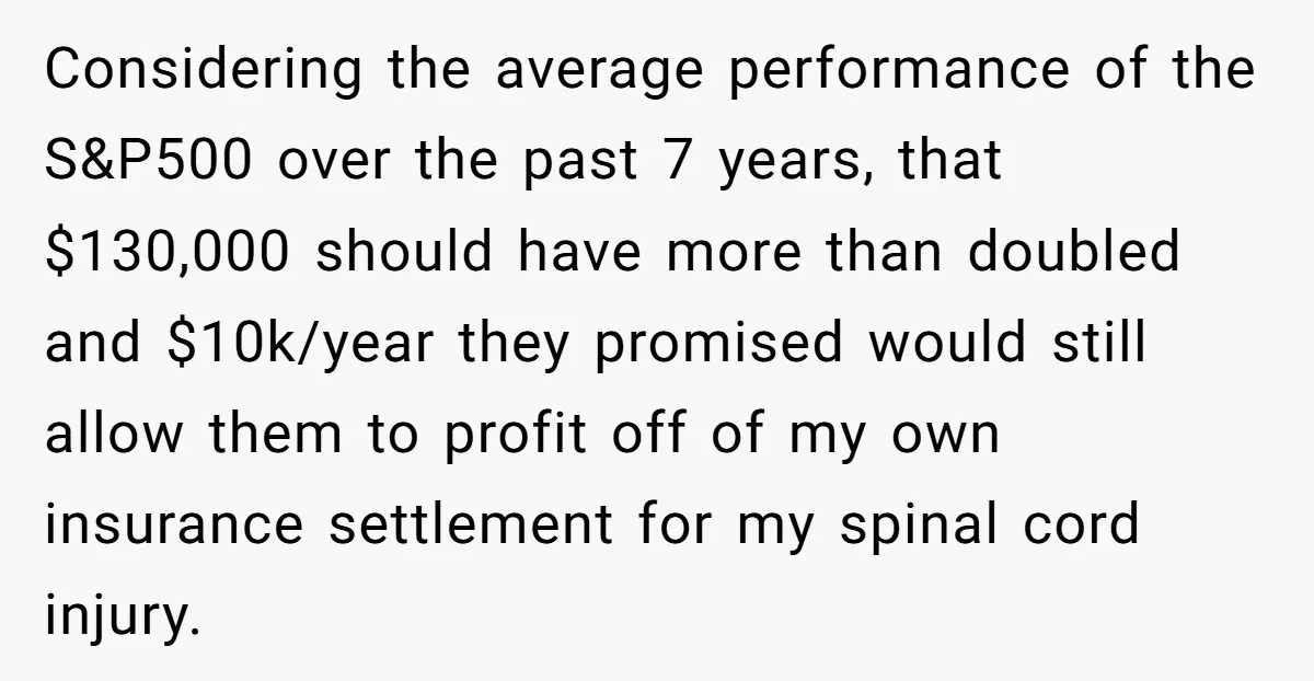 Considering the average performance of the S&P500 over the past 7 years, that $130,000 should have more than doubled and $10k/year they promised would still allow them to profit off...