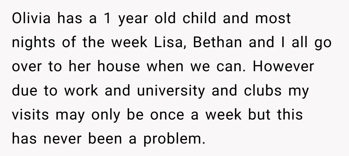 Olivia has a 1 year old child and most nights of the week Lisa, Bethan and I all go over to her house when we can. However due to work...