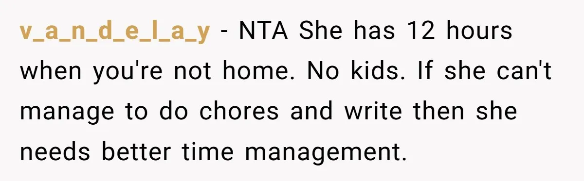 v_a_n_d_e_l_a_y - NTA She has 12 hours when you're not home. No kids. If she can't manage to do chores and write then she needs better time management.